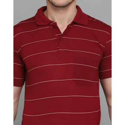 Men's Casual Half Sleeve Striped Cotton Blended Polo Neck T-shirt (Maroon)