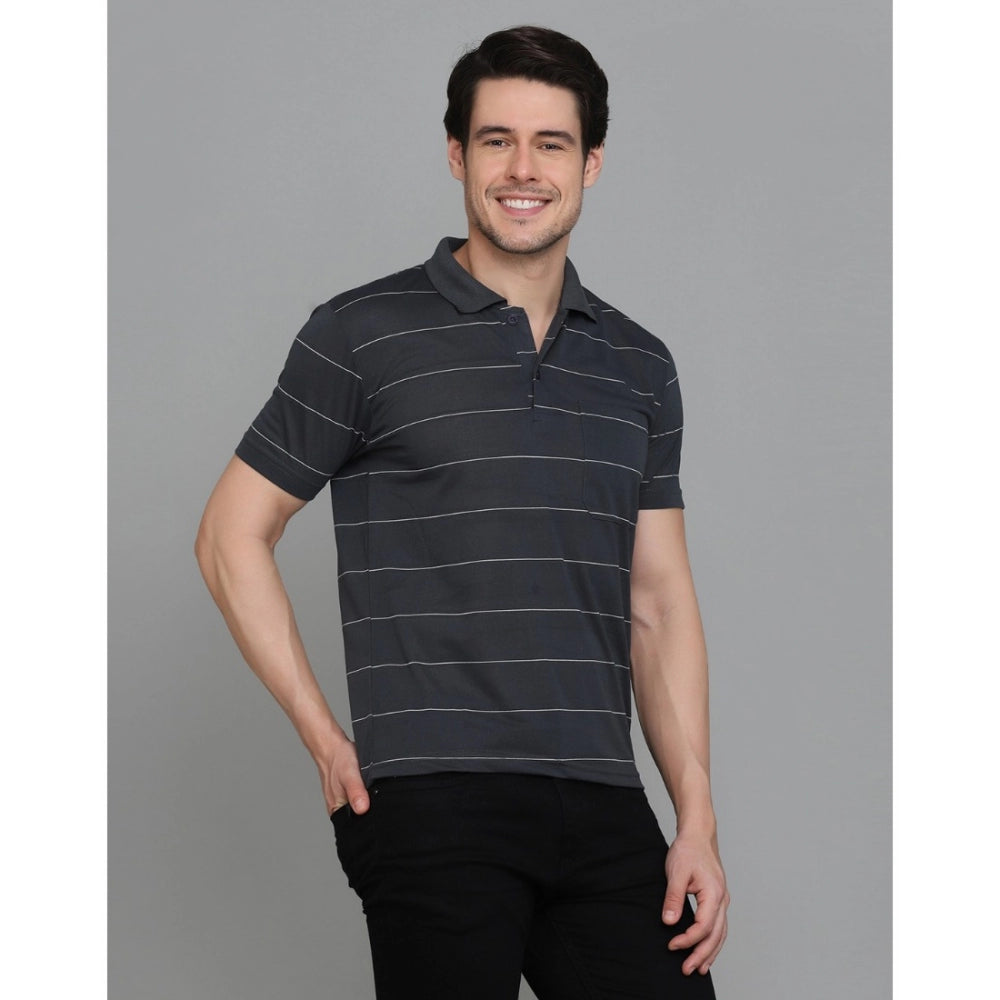 Men's Casual Half Sleeve Striped Cotton Blended Polo Neck T-shirt (Grey)