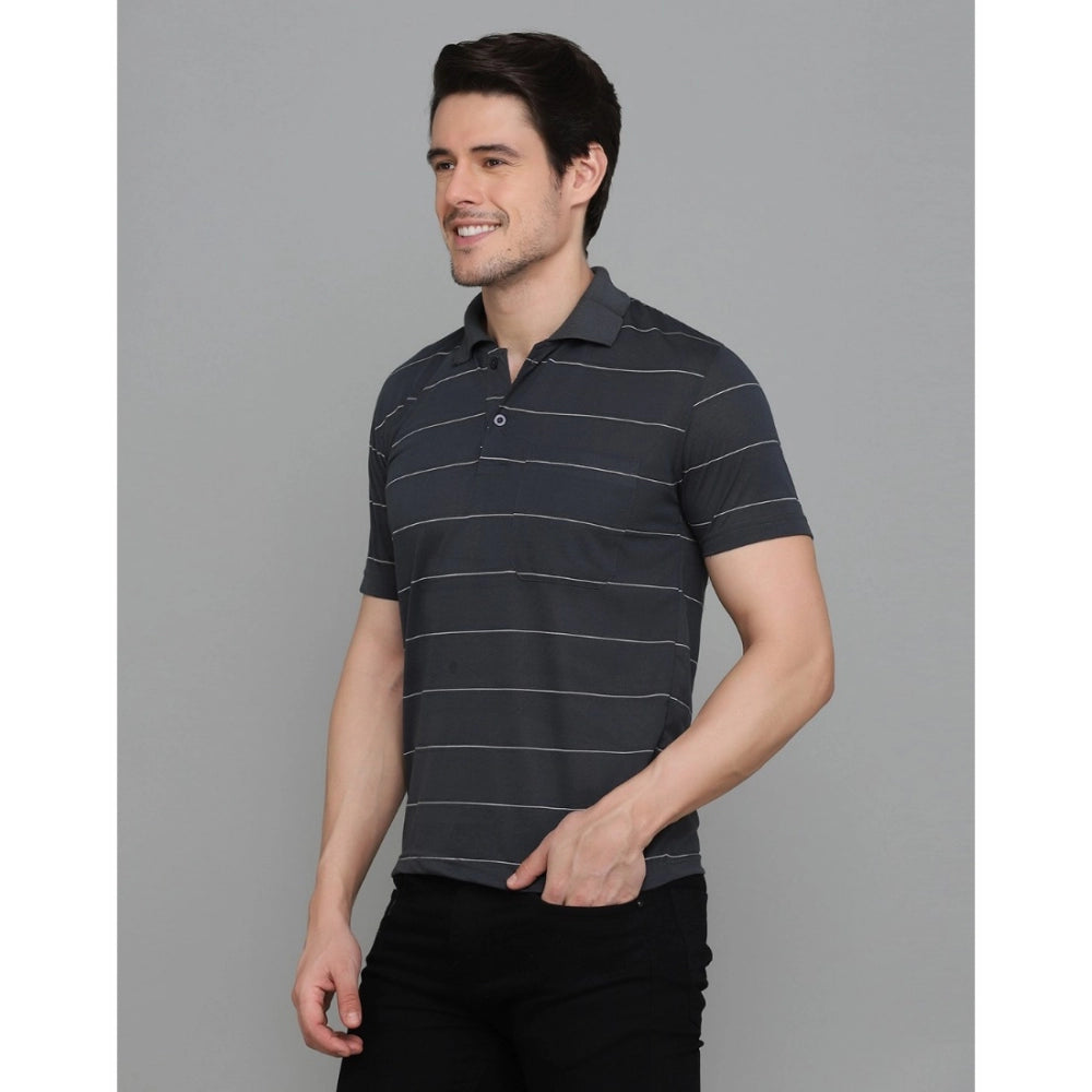 Men's Casual Half Sleeve Striped Cotton Blended Polo Neck T-shirt (Grey)