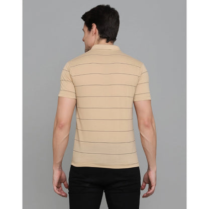 Men's Casual Half Sleeve Striped Cotton Blended Polo Neck T-shirt (L.Beige)