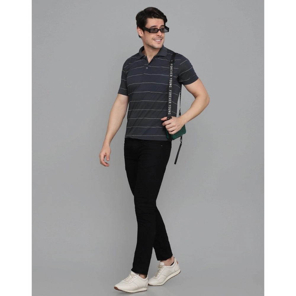 Men's Casual Half Sleeve Striped Cotton Blended Polo Neck T-shirt (Grey)