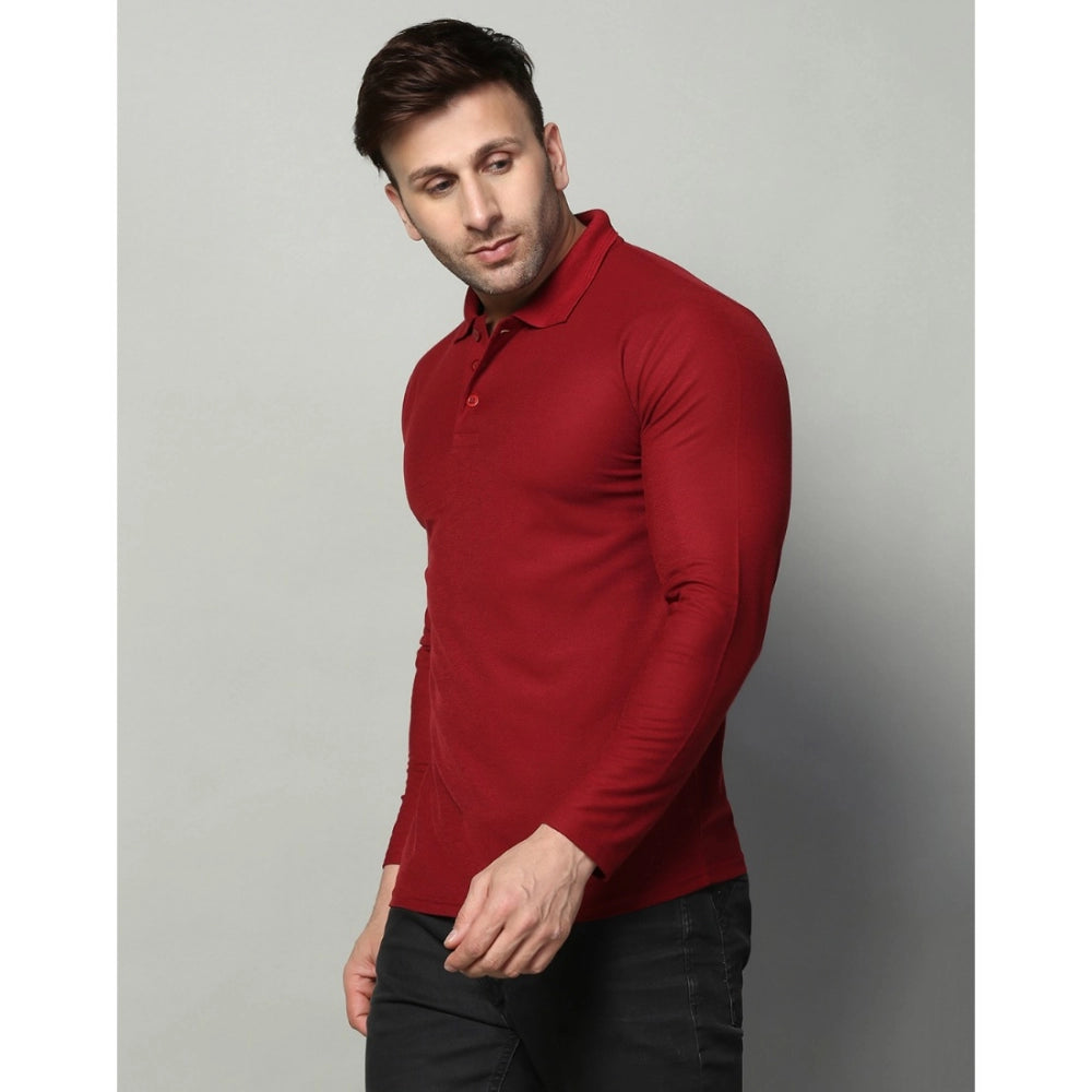 Men's Casual Full Sleeve Solid Cotton Blended Polo Neck T-shirt (Maroon)