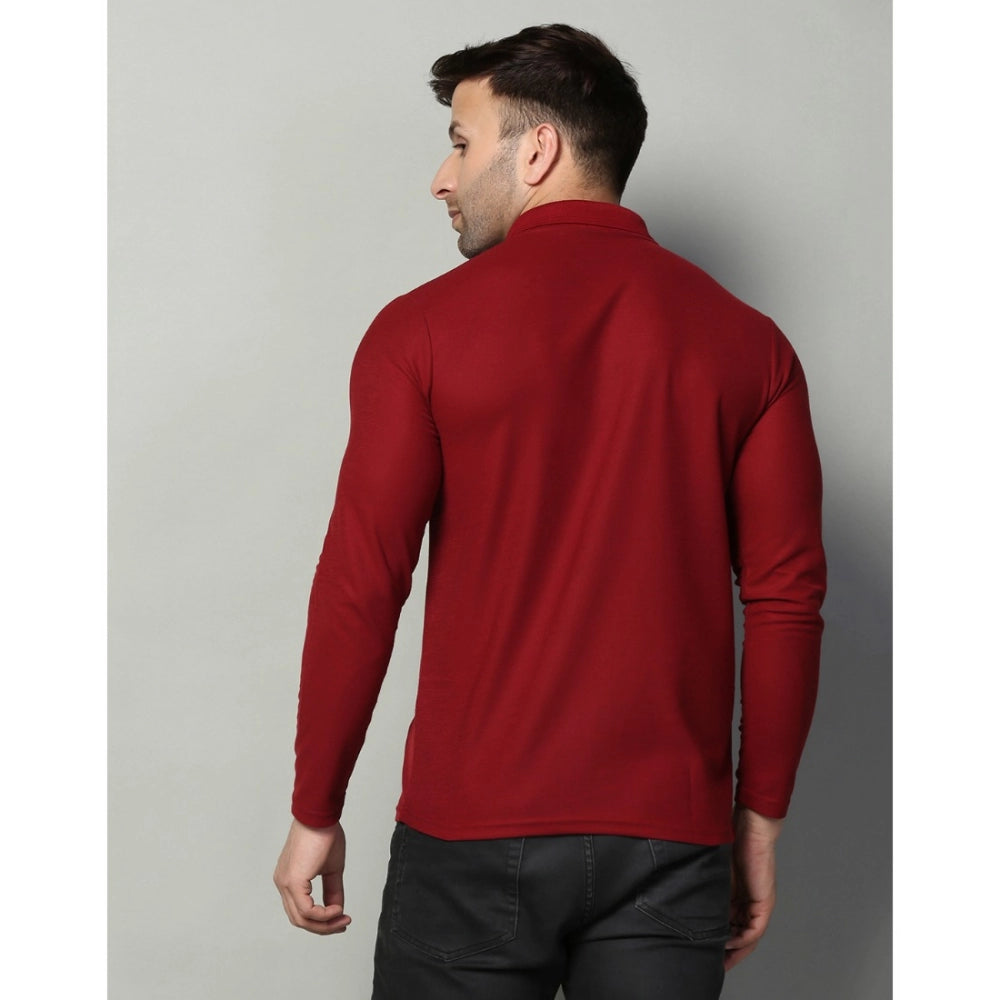 Men's Casual Full Sleeve Solid Cotton Blended Polo Neck T-shirt (Maroon)