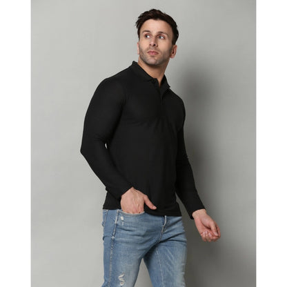 Men's Casual Full Sleeve Solid Cotton Blended Polo Neck T-shirt (Black)