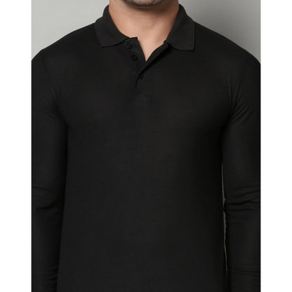 Men's Casual Full Sleeve Solid Cotton Blended Polo Neck T-shirt (Black)