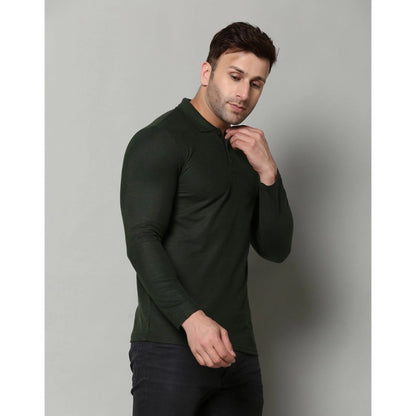 Men's Casual Full Sleeve Solid Cotton Blended Polo Neck T-shirt (B.Green)