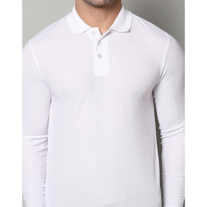 Men's Casual Full Sleeve Solid Cotton Blended Polo Neck T-shirt (White)