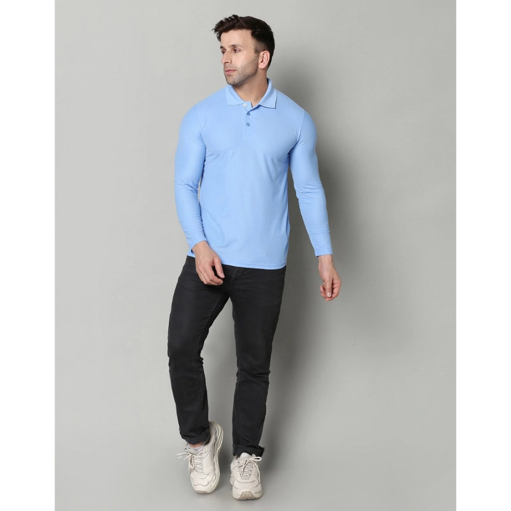 Men's Casual Full Sleeve Solid Cotton Blended Polo Neck T-shirt (Sky)