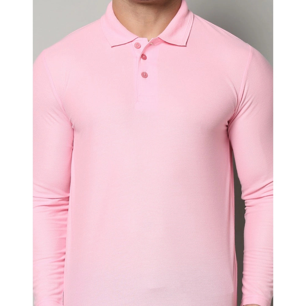 Men's Casual Full Sleeve Solid Cotton Blended Polo Neck T-shirt (Pink)