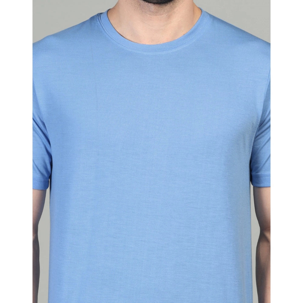 Men's Casual Half Sleeve Solid Cotton Blended Round Neck T-shirt (Sky)