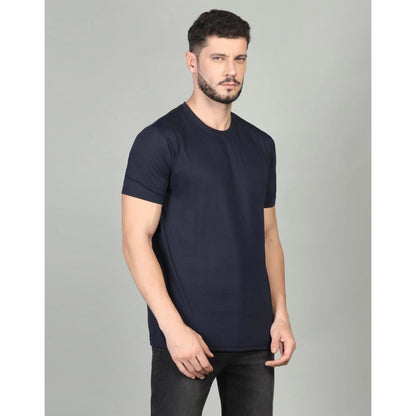 Men's Casual Half Sleeve Solid Cotton Blended Round Neck T-shirt (Dark Blue)