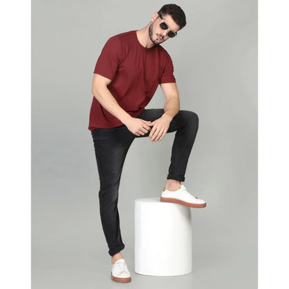 Men's Casual Half Sleeve Solid Cotton Blended Round Neck T-shirt (Maroon)