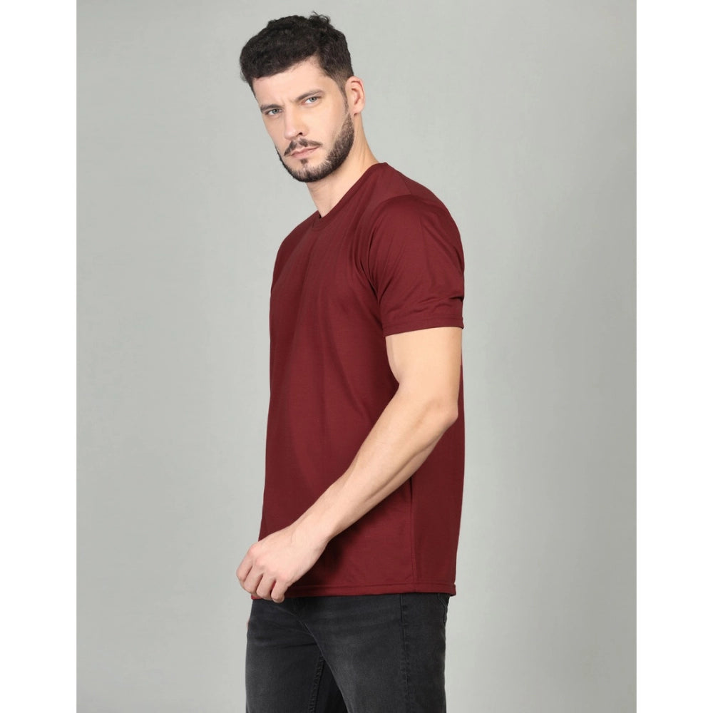 Men's Casual Half Sleeve Solid Cotton Blended Round Neck T-shirt (Maroon)