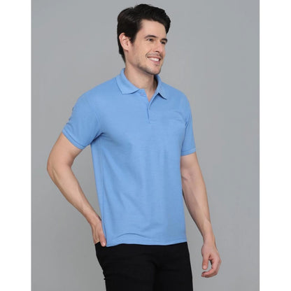 Men's Casual Half Sleeve Solid Cotton Blended Polo Neck T-shirt (Blue)