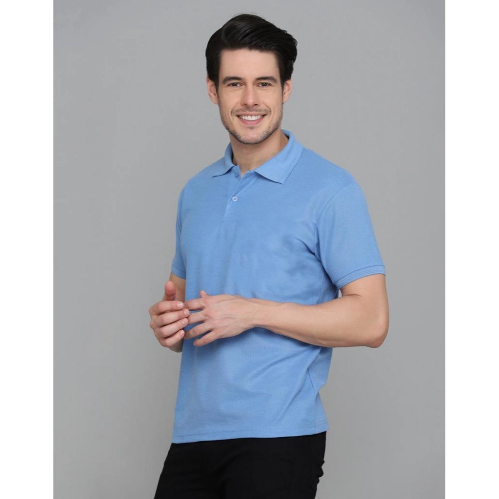 Men's Casual Half Sleeve Solid Cotton Blended Polo Neck T-shirt (Blue)