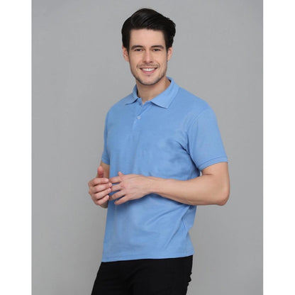 Men's Casual Half Sleeve Solid Cotton Blended Polo Neck T-shirt (Blue)