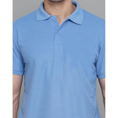 Men's Casual Half Sleeve Solid Cotton Blended Polo Neck T-shirt (Blue)