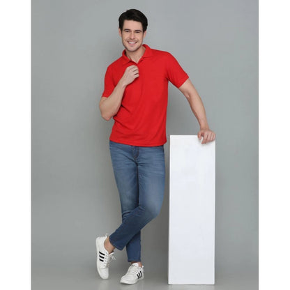 Men's Casual Half Sleeve Solid Cotton Blended Polo Neck T-shirt (Red)