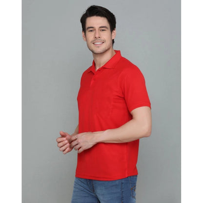 Men's Casual Half Sleeve Solid Cotton Blended Polo Neck T-shirt (Red)