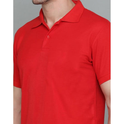 Men's Casual Half Sleeve Solid Cotton Blended Polo Neck T-shirt (Red)