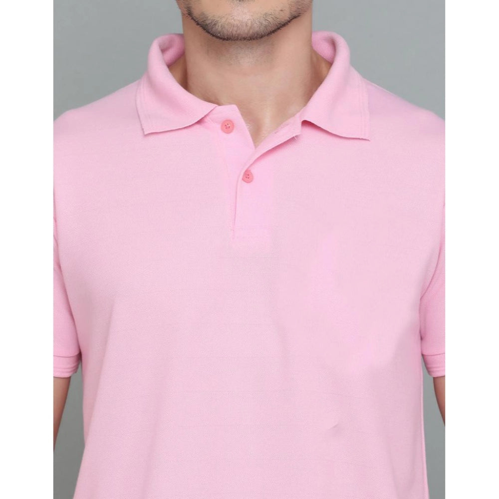 Men's Casual Half Sleeve Solid Cotton Blended Polo Neck T-shirt (Pink)