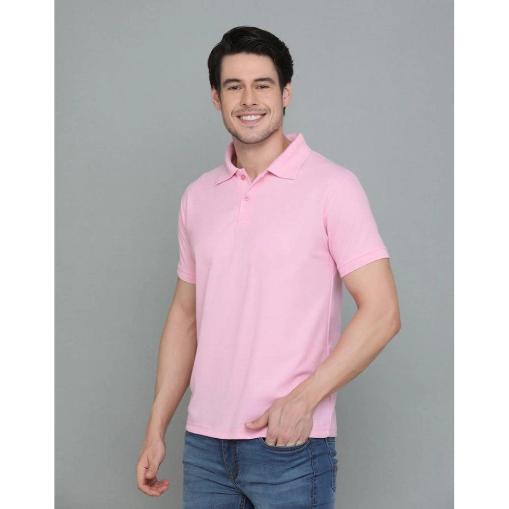 Men's Casual Half Sleeve Solid Cotton Blended Polo Neck T-shirt (Pink)