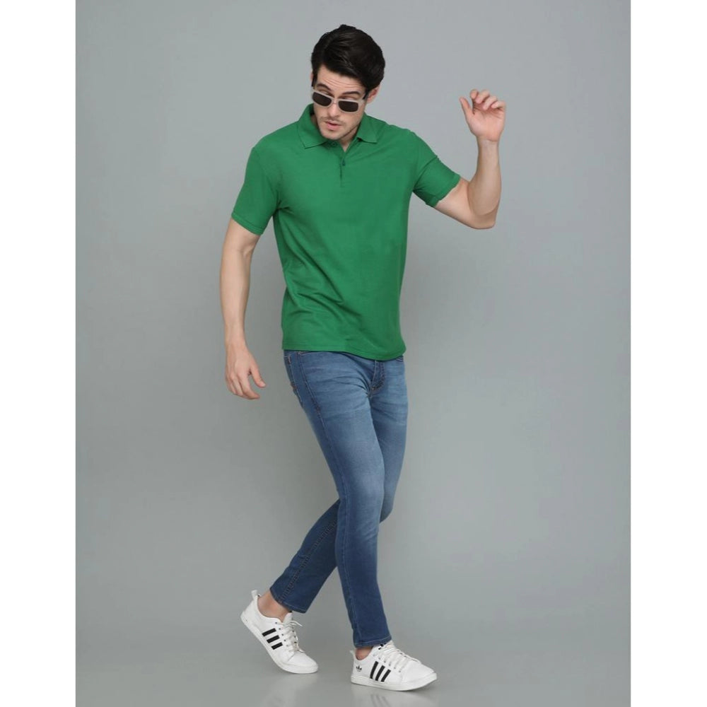 Men's Casual Half Sleeve Solid Cotton Blended Polo Neck T-shirt (Green)