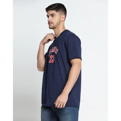 Men's Casual Half Sleeve Printed Cotton Blended Round Neck T-shirt (Navy)