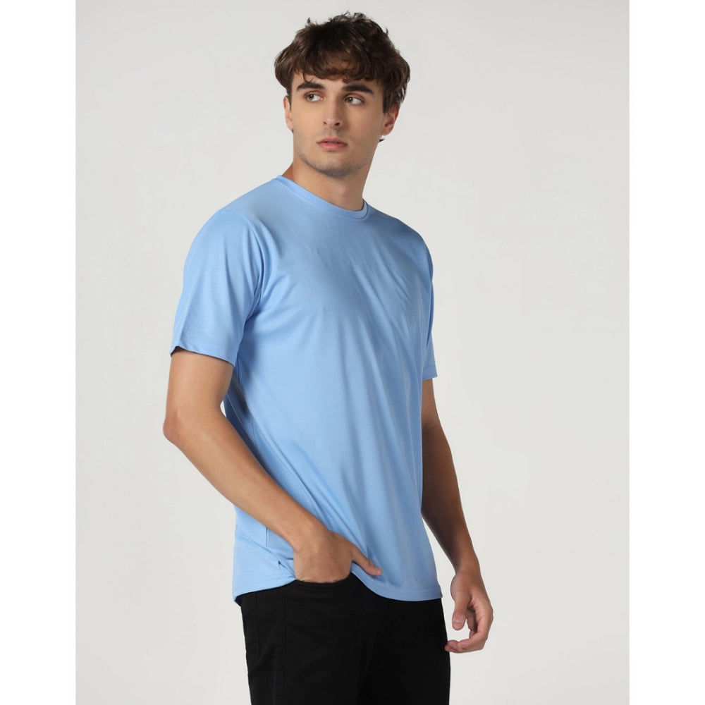 Men's Casual Half Sleeve Solid Polyester Round Neck T-shirt (Sky)