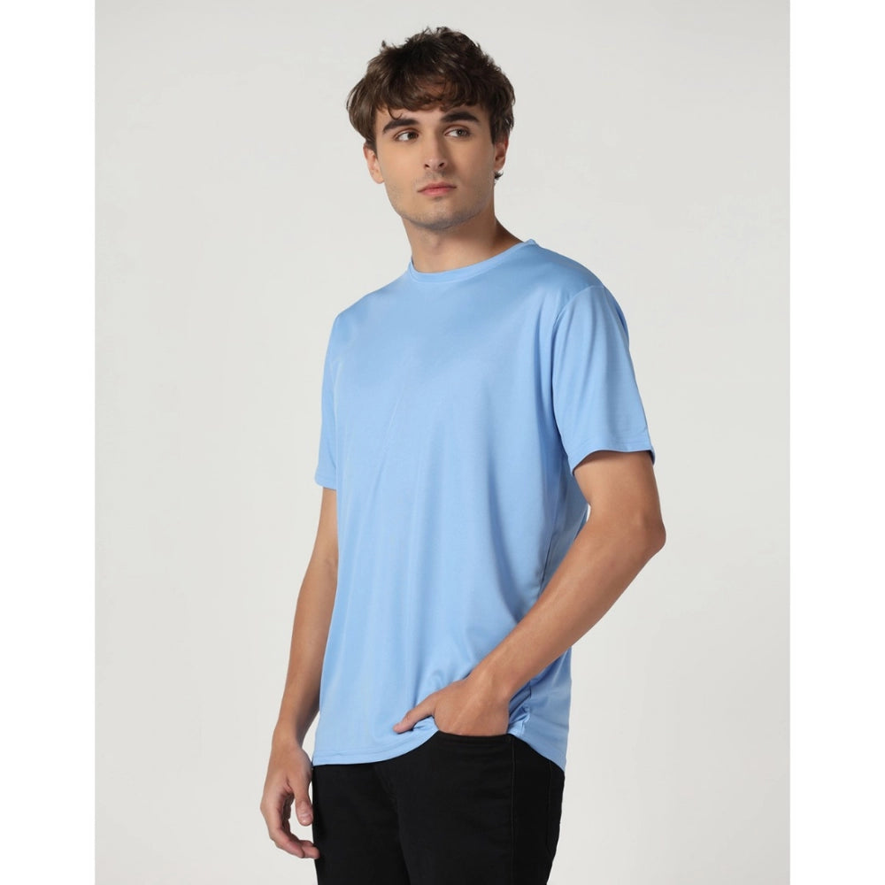 Men's Casual Half Sleeve Solid Polyester Round Neck T-shirt (Sky)