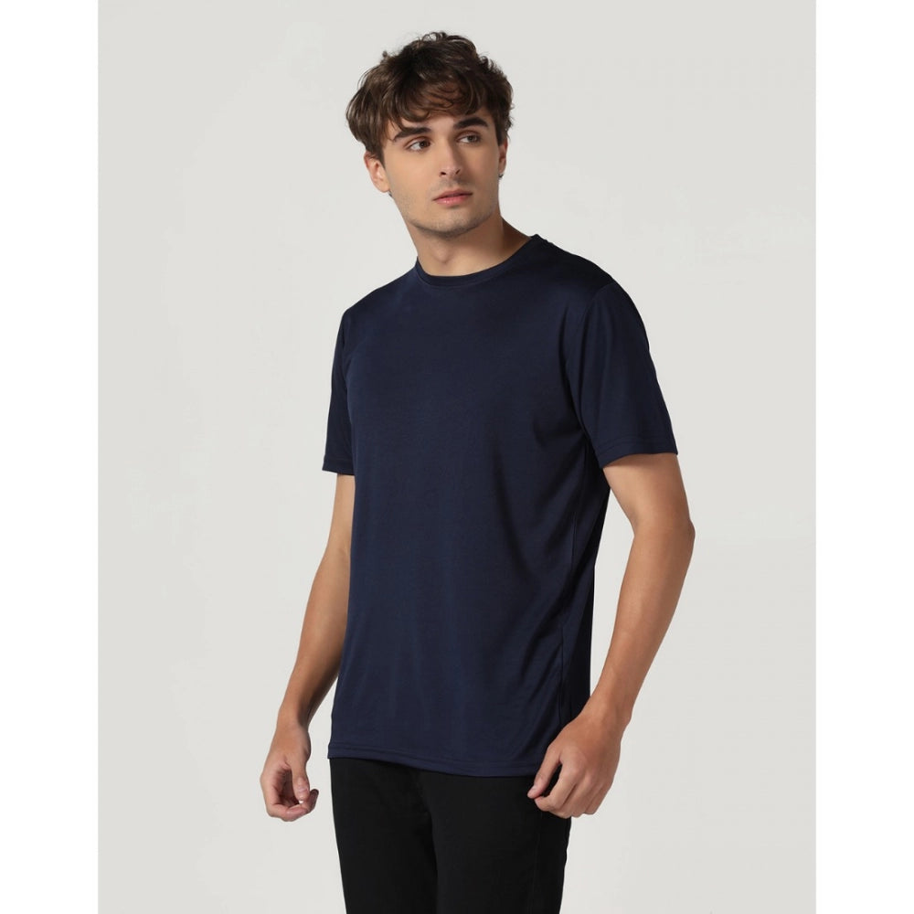 Men's Casual Half Sleeve Solid Polyester Round Neck T-shirt (Navy)