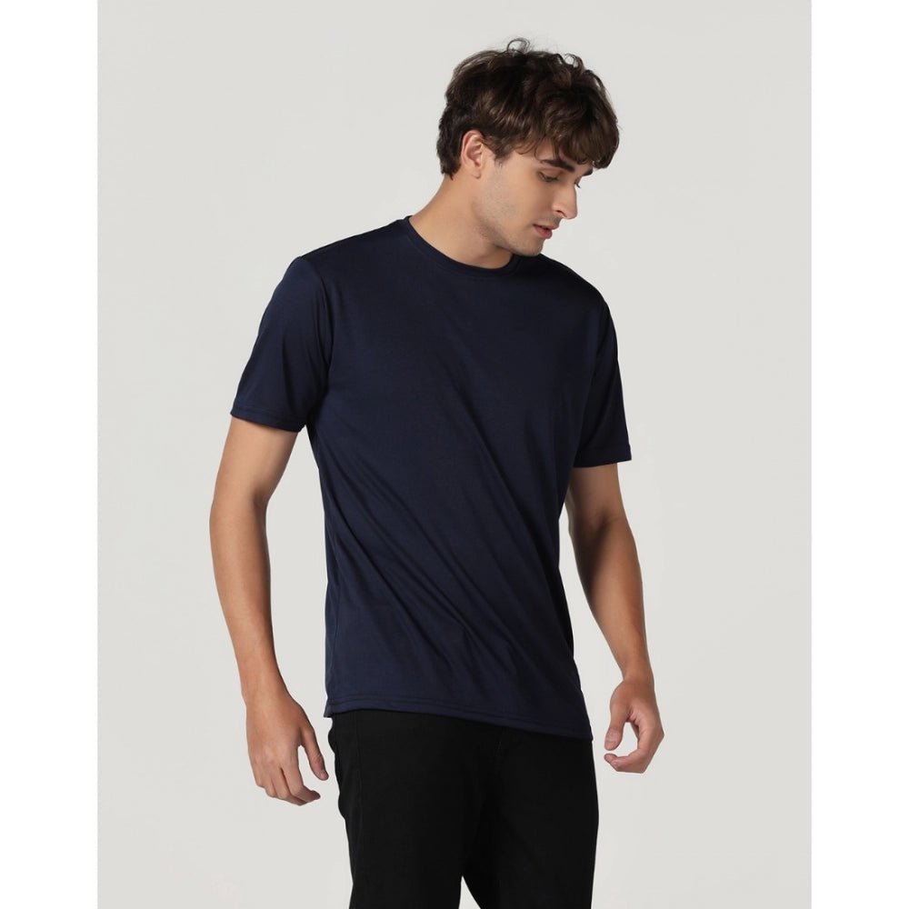 Men's Casual Half Sleeve Solid Polyester Round Neck T-shirt (Navy)