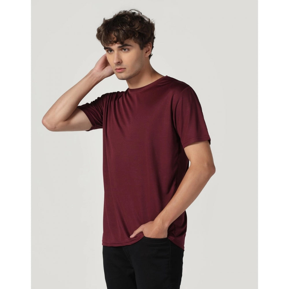 Men's Casual Half Sleeve Solid Polyester Round Neck T-shirt (Maron)