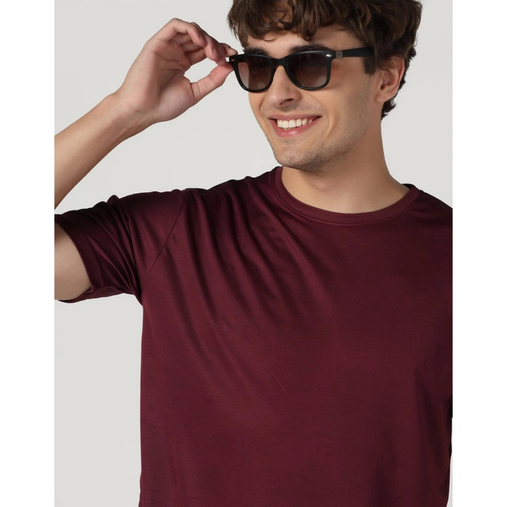 Men's Casual Half Sleeve Solid Polyester Round Neck T-shirt (Maron)