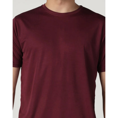 Men's Casual Half Sleeve Solid Polyester Round Neck T-shirt (Maron)