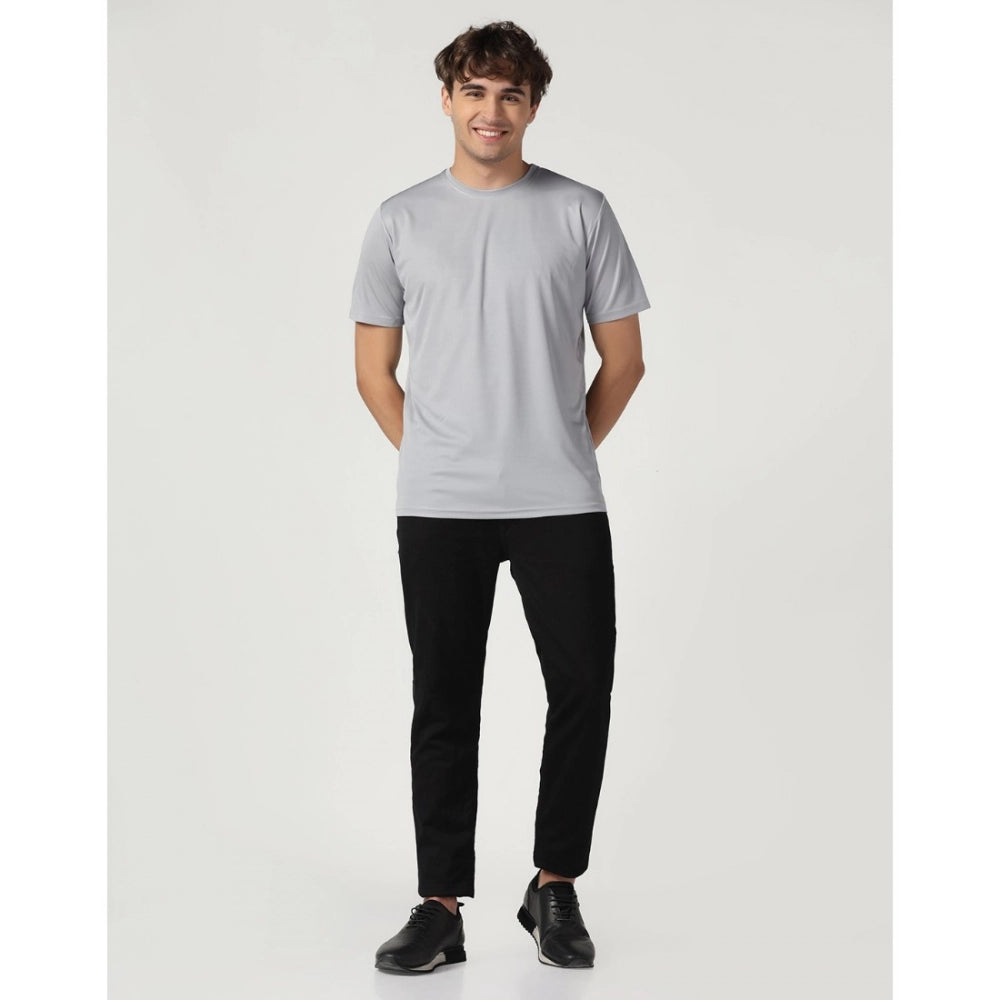 Men's Casual Half Sleeve Solid Polyester Round Neck T-shirt (Lgrey)