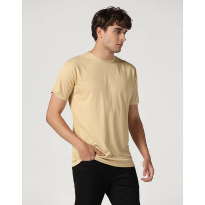 Men's Casual Half Sleeve Solid Polyester Round Neck T-shirt (Beige)