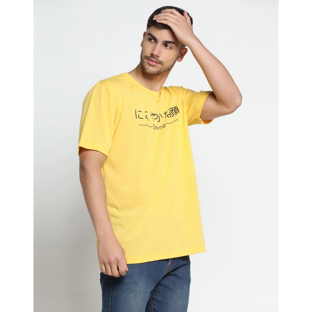 Men's Casual Half Sleeve Printed Cotton Blended Round Neck T-shirt (Yellow)