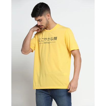 Men's Casual Half Sleeve Printed Cotton Blended Round Neck T-shirt (Yellow)