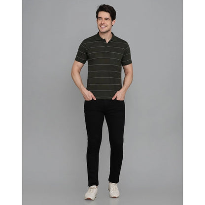 Men's Casual Half Sleeve Striped Cotton Blended Polo Neck T-shirt (Green)