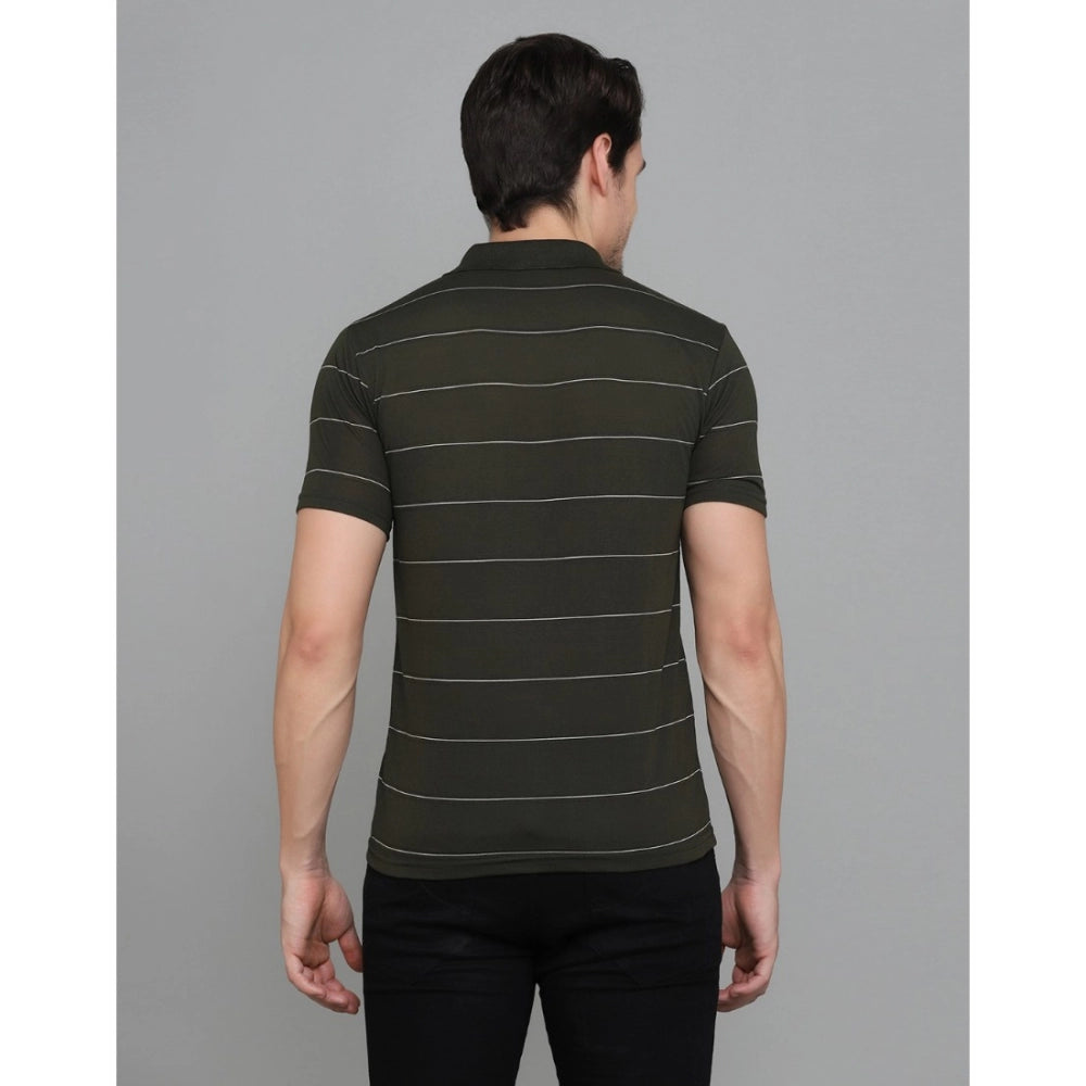 Men's Casual Half Sleeve Striped Cotton Blended Polo Neck T-shirt (Green)