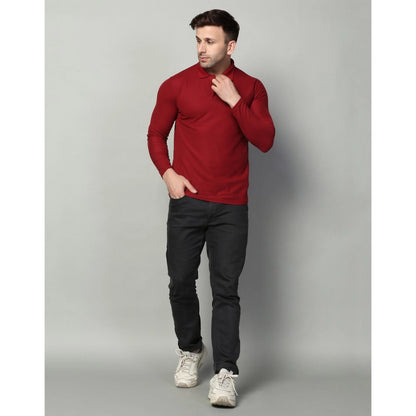 Men's Casual Full Sleeve Solid Cotton Blended Polo Neck T-shirt (Maroon)