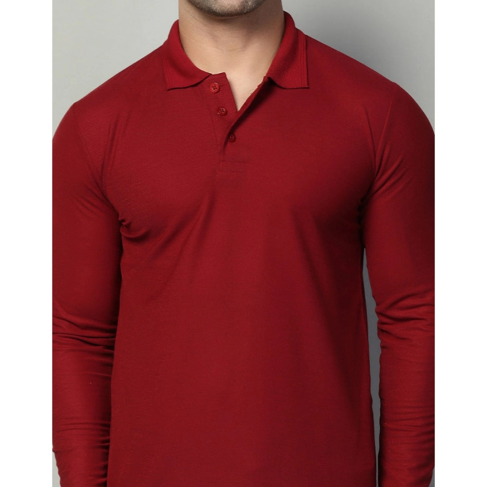 Men's Casual Full Sleeve Solid Cotton Blended Polo Neck T-shirt (Maroon)