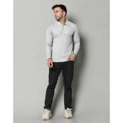 Men's Casual Full Sleeve Solid Cotton Blended Polo Neck T-shirt (L.Grey)