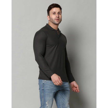 Men's Casual Full Sleeve Solid Cotton Blended Polo Neck T-shirt (D.Grey)