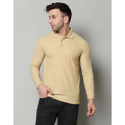 Men's Casual Full Sleeve Solid Cotton Blended Polo Neck T-shirt (Beige)