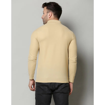 Men's Casual Full Sleeve Solid Cotton Blended Polo Neck T-shirt (Beige)