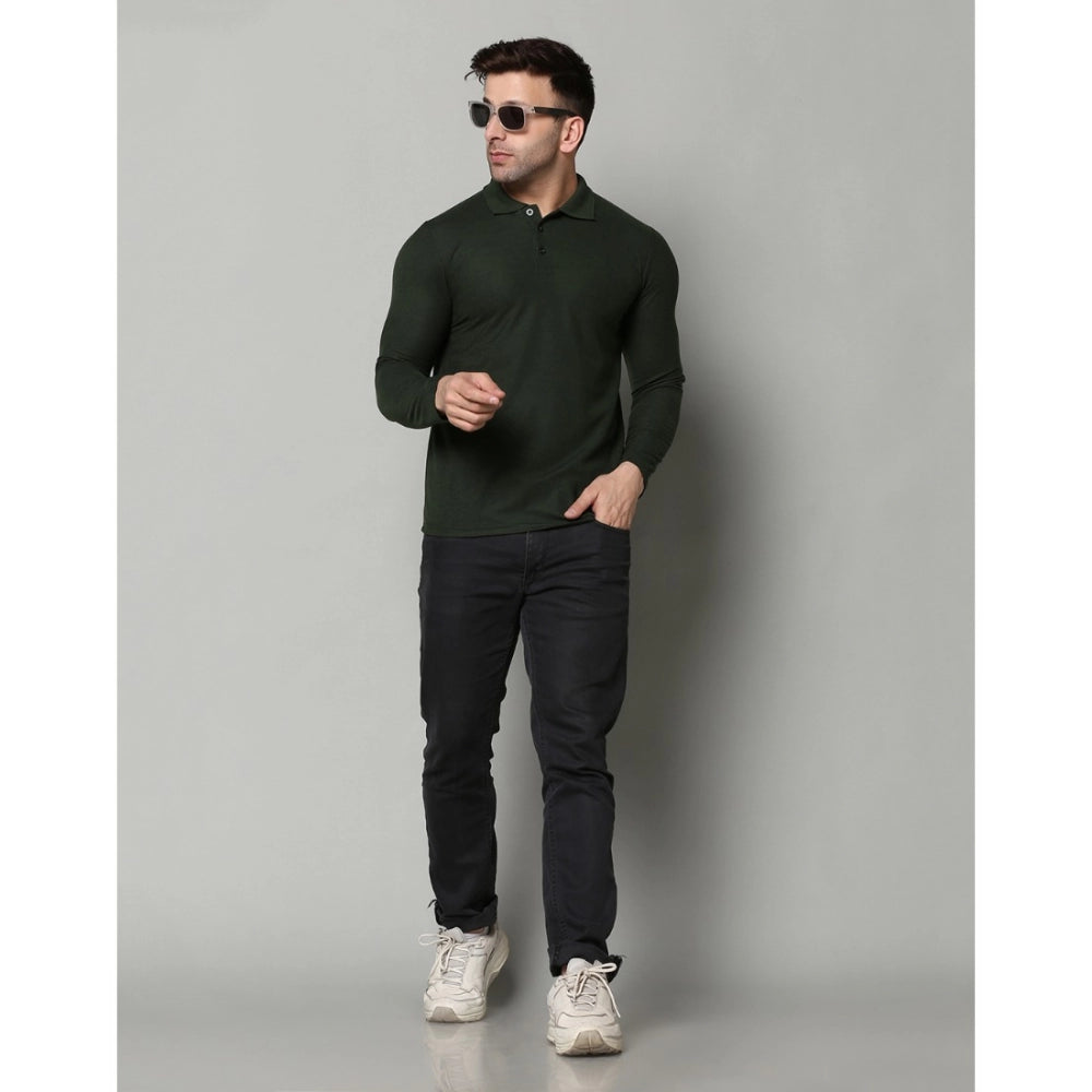 Men's Casual Full Sleeve Solid Cotton Blended Polo Neck T-shirt (B.Green)