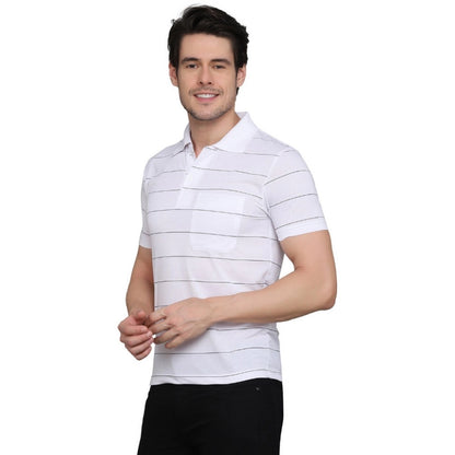 Men's Casual Half Sleeve Striped Cotton Blended Polo Neck T-shirt (White)