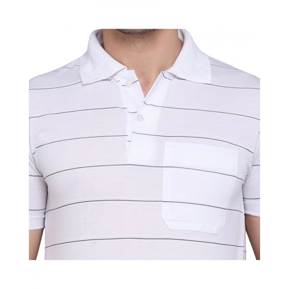 Men's Casual Half Sleeve Striped Cotton Blended Polo Neck T-shirt (White)